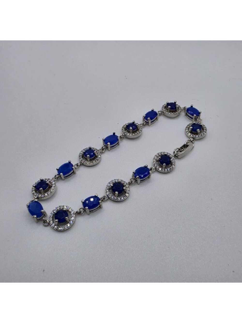 925 Sterling Silver Blue Stone Halo Tennis Bracelet Toggle Clasp 7.25"